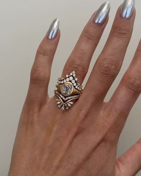 Maggi Simpkins on Instagram: "Some stacks I’ve been loving lately 🤍" Ring Finger Stack, Silver Ring Stack Wedding, Wedding Ring Stacks Gold, Silver And Gold Wedding Stack, Vintage Wedding Ring Stack, Mixed Metal Wedding Stack, Gold And Silver Ring Stack, Silver Wedding Ring Stack, Maggi Simpkins