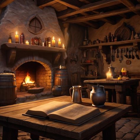 A medieval inn in a fantasy | Premium AI-generated image Fantasy Inn Aesthetic, Medieval Chimney, Fantasy Scene Inspiration, Medieval House Interior, Huevember 2024, Medieval Keep, Fantasy House Interior, Medieval Inn, Taverna Medieval