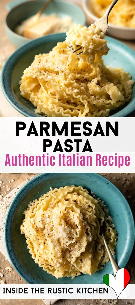 Parmesan Pasta - Authentic Italian Recipe. Pasta ribbons are tossed with butter, olive oil, black pepper and lots of parmesan for an incredibly simple comfort food recipe that’s ready in 15 minutes. #pasta #parmesan #comfortfood #easyrecipes #Italianrecipes Pasta Dishes With Olive Oil, Pasta With Oil And Parmesan, Olive Oil And Parmesan Pasta, Olive Oil Parmesan Pasta, Simple Authentic Italian Recipes, Parmesan Rind Recipes, Parmesan Cheese Pasta, Italian Cheese Pasta, Parmigiano Reggiano Pasta