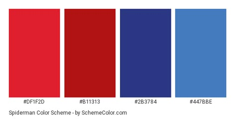 Download Spiderman color scheme consisting of #DF1F2D, #B11313, #2B3784 and #447BBE. This 4 colors palette has been categorised in Blue and Red color categories. Spiderman Colors Palette, Spiderman Colour Palette, Spiderman Color Pallete, Spider Man Color Palette, Superhero Color Palette, Spiderman Color Palette, Red Blue Palette, Spiderman Themed Bedroom, Red And Blue Color Palette