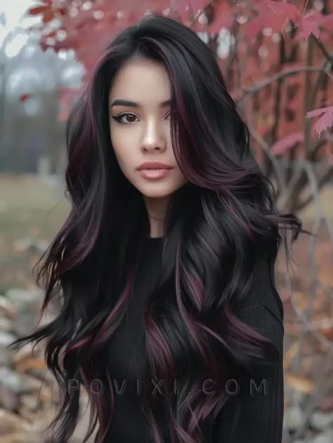 Long Layered Balayage Hair Blonde, Black Dye Hairstyles, Hair Styles Black Hair Color, Jet Black Hair With Balayage, Hair Color For Professional Women, Hair Dye Ideas For Round Faces, Dark Balayage On Black Hair, Burgundy Balayage Long Hair, Highlight Color For Black Hair