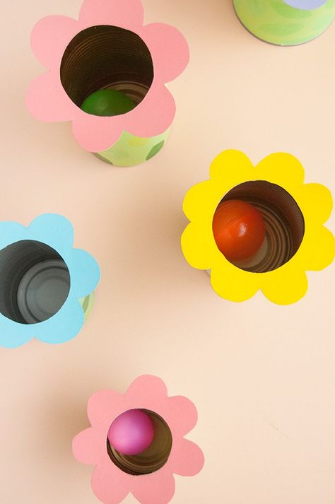 Easy-to-Make Flower Tin Can Toss Game | Handmade Charlotte Flower Party Games, Ball Toss Game, Folk Art Acrylic Paint, Flower Toss, Green Tissue Paper, Flower Games, Tin Flowers, Handmade Charlotte, Simple Leaf