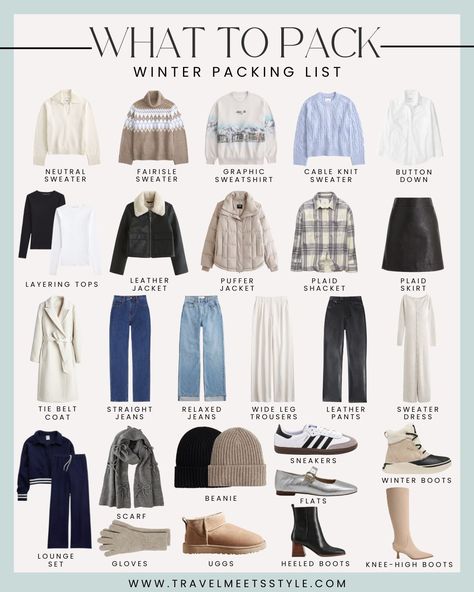 The ultimate winter packing list: Cute & cozy winter outfits for your next trip 2024 - Travel Meets Style Snow Cold Weather Outfits, 10 Day Packing List Winter, Winter Travel Outfit Cold Weather, Winter Packing List Cold Weather, Packing List Cold Weather, Cold Weather Travel Outfit, Cute Cozy Winter Outfits, Cold Weather Date Night Outfit, Outfits Comfy Winter