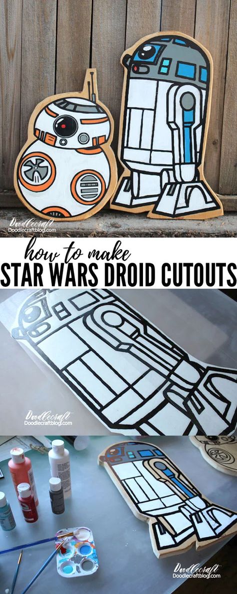 Star Wars R2D2 and BB8 Droid Cutouts DIY R2d2 And Bb8, Bb8 Droid, Using Scrap Wood, Star Wars Decor, Star Wars Diy, Star Wars Birthday Party, Apple Barrel, Star Wars Droids, Star Wars R2d2