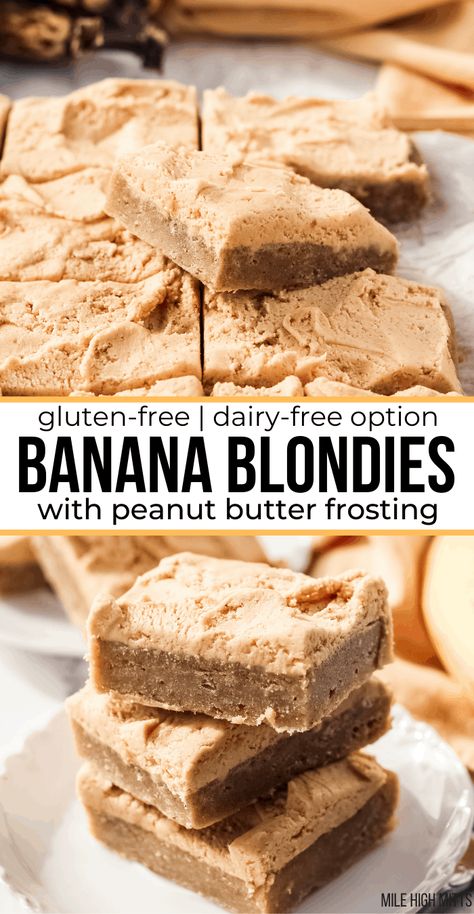 Banana Blondies are a fun twist on a classic blondie! Like banana bread combined with blondies, they're thick, filled with banana flavor, and have an almost fudgy-like texture. This recipe is topped with a peanut butter frosting, so you can't go wrong! Easily made gluten-free and dairy-free. Banana Blondies, Blondie Recipe, Blondies Recipe, Duncan Hines, Peanut Butter Frosting, Banana Dessert, Gluten Free Brownies, Gluten Free Banana, Gluten Free Desserts Recipes