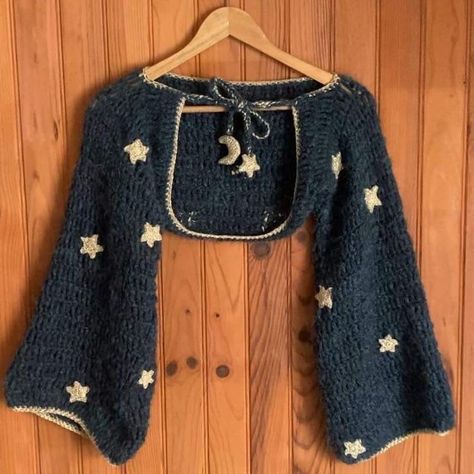 Crochet Star Clothes, Celestial Crochet Patterns Free, Crochet Star Cardigan, Dark Academia Crochet, Whimsigoth Crochet, Celestial Crochet, Knit Fashion Pattern, Space Crochet, Crochet Design Pattern