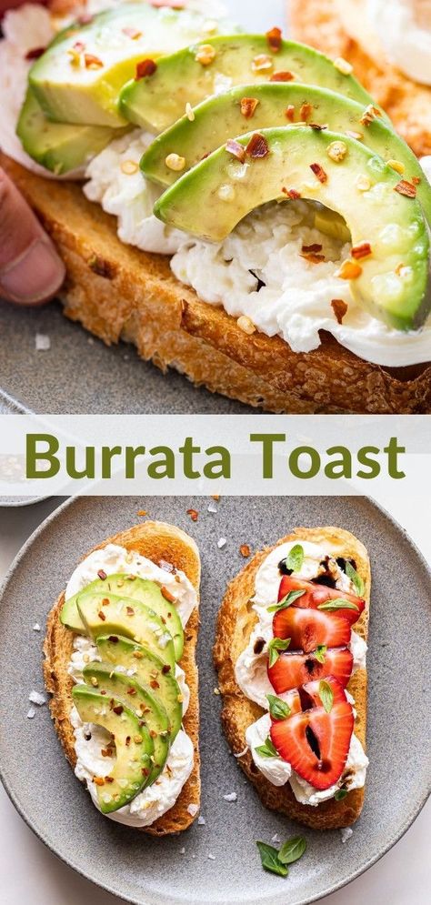 Burrata Toast is perfect for snacking or breakfast! If you're craving savory make the avocado toast version and if you're in the mood for sweet the strawberry toast will hit the spot! #burrata #toast #avocadotoast #strawberries #burratatoast #breakfast #snacks Burrata Toast, Strawberry Toast, Fancy Toast, Savory Breakfast Recipes, Burrata Cheese, Easy Party Food, Breakfast Toast, Best Breakfast Recipes, No Dairy Recipes