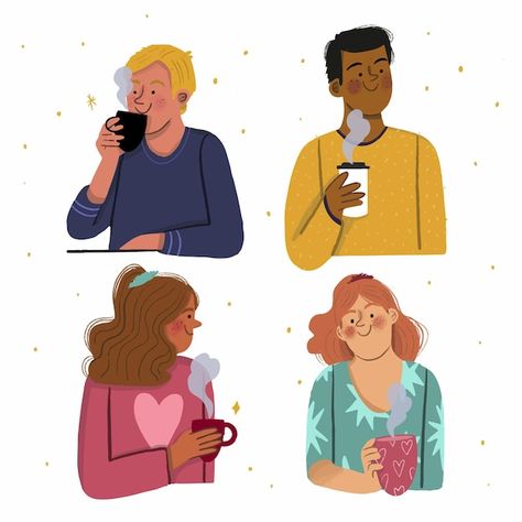 Drinks As People Drawing, Person Drinking Drawing, Drink Coffee Illustration, Coffee Drinking Illustration, Drinking Coffee Illustration, People Drinking Coffee Illustration, Girl And Coffee Illustration, Drawn People, Illustration Human