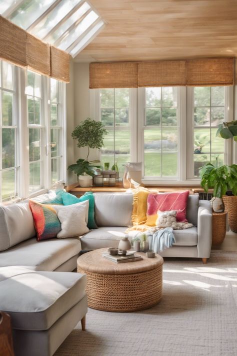 Bright living room with cozy furniture, colorful pillows, large windows, and indoor plants bringing a fresh, inviting atmosphere. Sunroom Inspiration Modern, Sunroom Furniture Ideas, Cozy Sunroom Ideas, 4 Season Sunroom Ideas, Small Sunroom Ideas, Sunroom Flooring, Modern Sunroom, Sunroom Inspiration, Farmhouse Sunroom