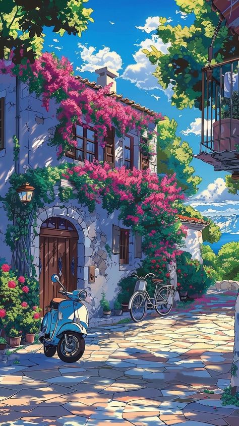 Studio Ghibli Background, Dreamy Artwork, Ghibli Artwork, Nostalgic Art, Pop Art Wallpaper, Art Gallery Wallpaper, Beautiful Landscape Wallpaper, Landscape Drawings, Sky Art