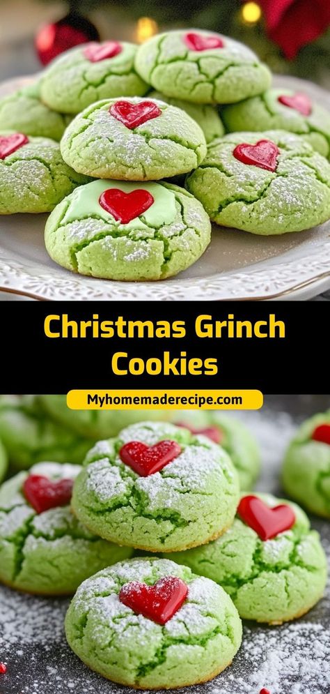 Christmas Grinch Cookies are soft, green, and festive with a red heart candy. A fun holiday treat for kids and adults! Ingredients: 1 box sugar cookie mix Green food coloring 1 cup powdered sugar Heart-shaped candies Bake these Grinch cookies for a festive holiday treat. Perfect for Christmas parties or cookie swaps Grinch Cookies Peppermint, Grinch Crackle Cookies, Green Grinch Cookies, Grinch Cake Cookies, Grinch Holiday Treats, Christmas Snacks For Preschoolers, Grinch Cookie Ideas, Grinch Cookie Recipe, Grinch Heart Cookies