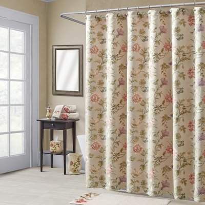 Daphne Shower Curtain #Details#curtainMaterial#Beige Shower Curtain For A Green Bathroom, Antique Shower Curtain, French Country Shower Curtain, Toile Shower Curtain, Light Cottagecore, Cottage Showers, Cottagecore Bathroom, Vintage Shower Curtains, Peach Bathroom