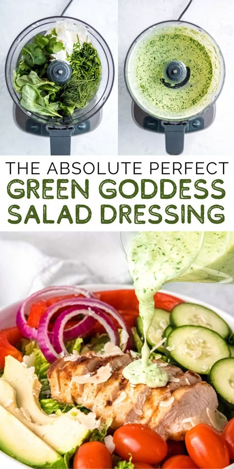 If you like herby, creamy dressing, this Green Goddess recipe is PERFECT for you! This greek yogurt dressing recipe is incredibly flavorful with tons of fresh herbs like cilantro, basil, dill, and chives. It's perfect on a salad with chicken, works great as a dip for veggies, and will stay fresh all week in the fridge for lunches! Salad With Dill Dressing, Simple Salad Dressings, Greek Goddess Salad Dressing, Greek Goddess Dressing Recipe, Green Dressing For Salad, Fresh Herb Salad Dressing, Green Goddess Dressing Recipe Healthy, Recipes With Dill Herb, Green Goodness Salad Dressing