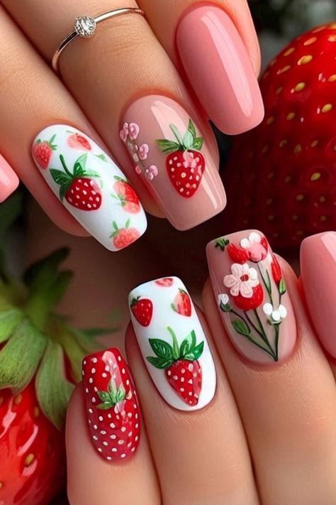 Strawberry Summer Nails, Strawberry Lemonade Nails, Strawberry Almond Nails, Girly Summer Nails, Chihuahua Nails, Summery Nails 2024, Strawberry Acrylic Nails, Strawberry Nails Acrylic, Strawberry Nails Designs