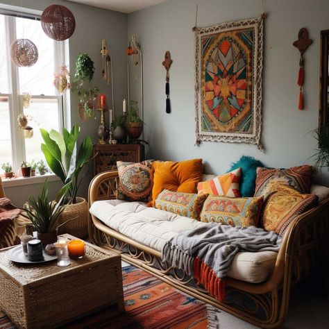 Creating Your Dream Bohemian Style Living Room on a Budget • 333+ Images • [ArtFacade] Eclectic Bohemian Living Room, Cozy Bohemian Living Room, Bohemian Chic Living Room, Bohemian Living Spaces, Bohemian Style Living Room, Bohemian Style Living, Living Room Stands, Room On A Budget, Bohemian Interior Design