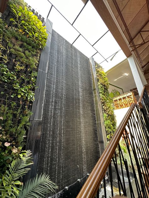 Plants On A Wall Outside, Stone Wall Waterfall, Driveway Fountain, Indoor Water Wall, Waterfall Stairs, Japanese Mansion, Indoor Waterfall Wall, Boxwood Hedges, Stone Waterfall