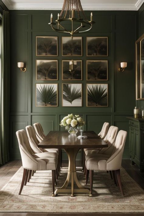 Dining Room With Dark Furniture, Dark Wall Dining Room, Dark Green Dining Room Walls, Green Dinning Room, Cozy House Bedroom, Olive Green Dining Room, Monochromatic Dining Room, Earthy Furniture, Dark Green Dining Room