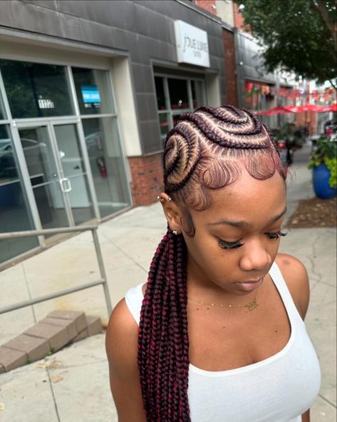 Stitch Braids Freestyle, 12 Stitch Braids, Cornrows Ponytail Hairstyles, Maroon Braids, Braids With Ponytail, Short Cornrows, Cornrows For Black Women, Braids Freestyle, Dark Maroon Hair