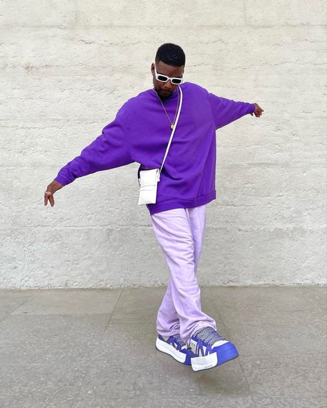 Men In Purple Mens Fashion, Purple Summer Outfits Men, Men’s Purple Outfit, Mens Purple Outfit, Men Purple Outfit, Purple Streetwear Outfit, Purple Mens Outfits, Purple Outfits Men, Purple Monochrome Outfit