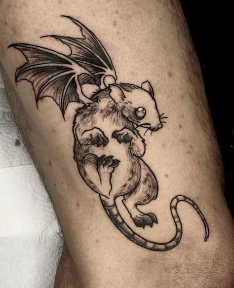 Mouse With Wings Tattoo, Spooky Bunny Tattoo, Creepy Bird Tattoo, Rat With Wings Tattoo, Spooky Animal Tattoos, Gothic Animal Tattoo, Animal Jaw Tattoo, Dark Animal Tattoos, Rat Tattoo Blackwork