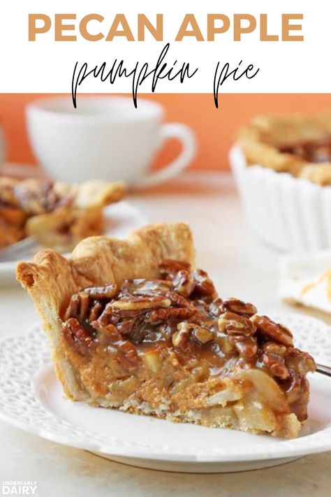 Pumpkin Apple Pecan Pie, Unique Pumpkin Pie Recipes, Unique Pumpkin Pie, Fair Cookies, Pumpkin Pecan Pie Recipe, Pecan Pumpkin Pie, Thanksgiving Apple Pie, Caramelized Pecans, Apple Pecan Pie