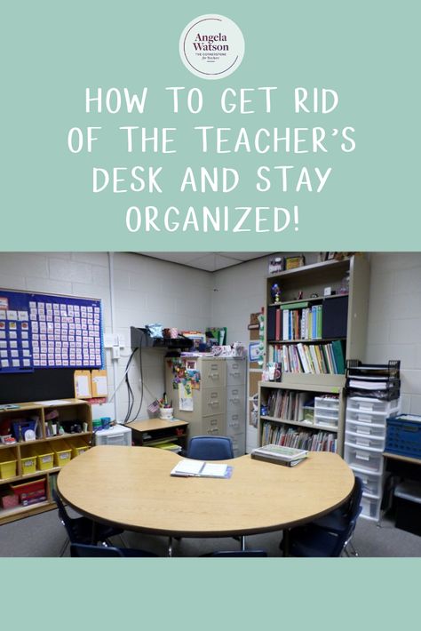 Lots of teachers are dumping their desks to make more space for student learning. While there’s certainly nothing wrong with having a teacher’s desk in your classroom (I was never bold enough to get rid of mine!), some teachers don’t want a desk because it takes up so much room, attracts clutter, and rarely gets used because teachers never have time to sit down! The big question, though, is HOW do you do it? #tipsforteachers #classroomorganization #classroomideas Teacher Desk With Kidney Table, Alternative Teacher Desk Ideas, Classroom Without Teacher Desk, Teacher Computer Desk, No Desk Classroom Teachers, Teacher Desk Ideas Work Spaces, Organize Teacher Desk, Teacher Desk Area Organization, Teacher Desk Alternative Ideas