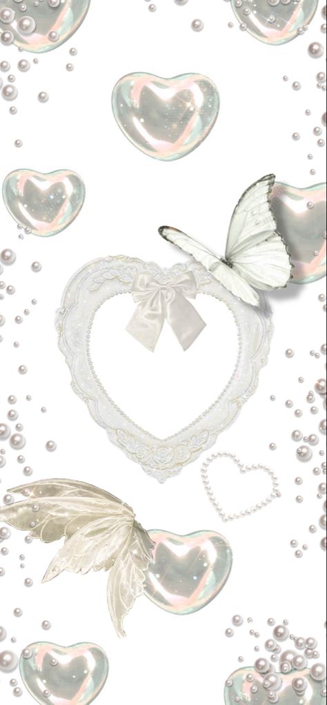 Ios 16 Wallpaper Aesthetic Butterfly, Wallper Ideas Aesthetic, White Wallpaper For Iphone Y2k, Pearl White Aesthetic Wallpaper, Y2k Coquette Wallpaper, Pearl Color Wallpaper, Coquette Y2k Wallpaper, Pearl Phone Wallpaper, White Heart Wallpaper Aesthetic