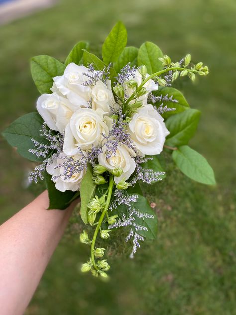 White Roses, green and purple accents Green And White Wedding Flowers, Purple And Green Wedding, White Flower Bouquet, Green Bouquet, Minimalist Flowers, White Wedding Flowers, Purple Accents, Wedding Hair Flowers, Floral Inspiration