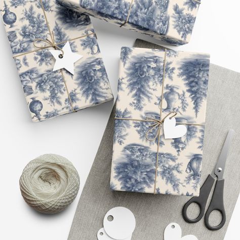 Classic vintage chic holiday wrapping paper Luxury Christmas Wrapping Paper, Gift Packaging Design, Christmas Present Wrap, Holidays 2023, Vintage Christmas Wrapping Paper, Chinoiserie Christmas, Blue Wrapping Paper, Elegant Gift Wrapping, Holiday Blues