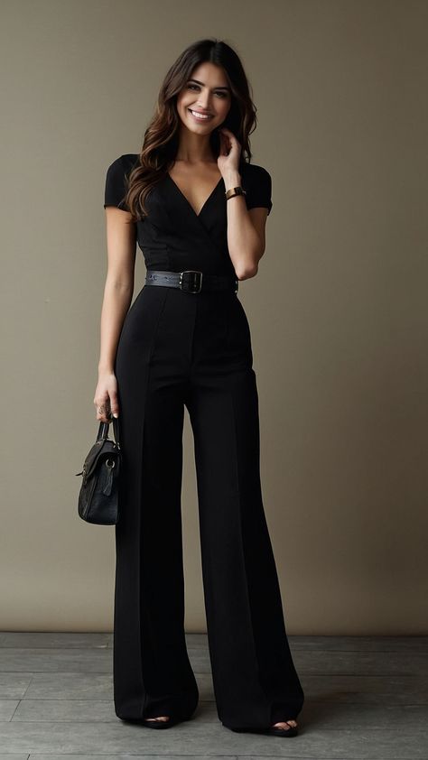 Black Pant Wedding Guest Outfit, Power Outfits For Women Classy, Feminine All Black Outfit, Business Casual Gala Outfit, Glamorous Casual Outfits, Dinner Outfit Classy Casual, Ceo Aesthetic Woman Outfit Dress, Classy Female Outfits, Black Pants Black Shirt Outfit