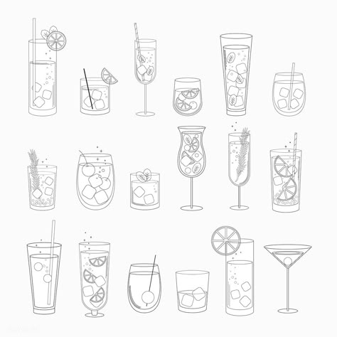 Vector of a beverage | free image by rawpixel.com Drawing Of Cocktail, Cocktail Tattoo Ideas, Cocktail Line Drawing, Cocktail Line Art, Draw Cocktail, Bar Tattoo Ideas, Cocktail Glass Drawing, Mixology Tattoo, Cocktail Doodle