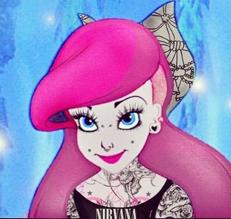 Punk Disney Tattooed Disney Princesses, Disney Punk Edits, Disney Logic, Barbara Manatee, Ariel Fan Art, Princess Grunge, Emo Cartoons, Hipster Princess, Princess Tattoos