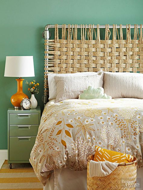 Embrace two trends -- rope decor and industrial accents -- with this DIY headboard! See more chic headboard ideas here: http://www.bhg.com/rooms/bedroom/headboard/cheap-chic-headboard-projects/?socsrc=bhgpin031615ropeheadboard&page=4 Cheap Diy Headboard, Diy Tufted Headboard, Diy Wood Headboard, Headboard Projects, Rope Decor, Custom Headboard, Fabric Headboard, Diy Headboards, Diy Headboard