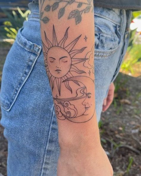 Sun Moon Forearm Tattoo, Celestial Sleeve Tattoos For Women, Sun And Moon Tattoo Forearm, Sun Forearm Tattoo, Moon Forearm Tattoo, Celestial Sun Tattoo, Sleeve Ideas For Women Tattoo, Wrap Around Forearm Tattoo, Celestial Sun And Moon Art