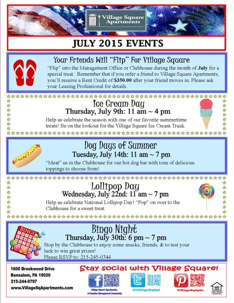 Join us for our fun and tastyJuly events! Hoa Community Activities, Fun Community Events, Community Events Activities, July Resident Event Ideas, July Resident Events, Hoa Events Ideas, Apartment Community Events, Hoa Activities, January Party Themes