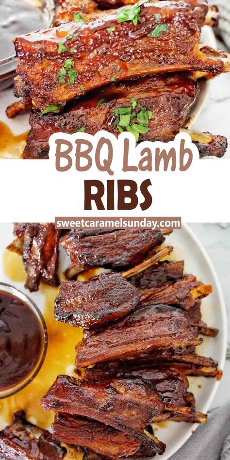 BBQ Lamb Ribs on white plate with small bowl of BBQ sauce to the left. Text in between 2 images. Grilled Lamb Ribs, Lamb Rib Marinade Recipe, Bbq Lamb Ribs, Lamb Ribs Recipe Grill, Lamb Rib Recipes, Lamb Ribs Recipe Ovens, Lamb Spare Ribs Recipe, Lamb Riblets Recipe, Lamb Ribs Recipe