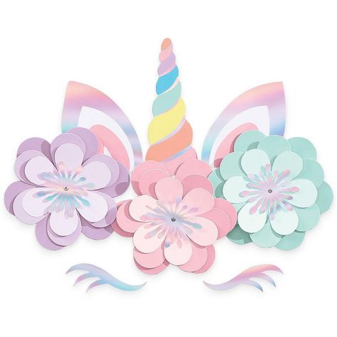 Create the ultimate unicorn dream setting for your little one's birthday with Magical Rainbow Unicorn Floral Cutouts! The decorating kit includes cutouts of a unicorn horn and ears in an iridescent finish for a pop of shine. Just below sit pastel cardstock flowers with layered petals for a 3D effect. Attach these party decorations on the wall using double-sided tape or Sticky Tack (sold separately) or use them as part of a photo booth backdrop at your child's unicorn birthday party! Magical Rain Birthday Wall Decoration, Rainbow Party Supplies, Unicorn Backdrop, Unicorn Ears, Unicorn Themed Birthday Party, Party Fotos, Rainbow Unicorn Birthday, Unicorn Party Supplies, Birthday Wall