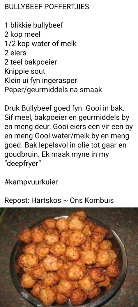 Rainy Recipes, Bullybeef Resepte, Sout Happies, Beesstert Potjie Resep, Kosblik Idees, Bully Beef, Koekies Resepte Klein, Puff Recipes, Fat Cakes Recipe