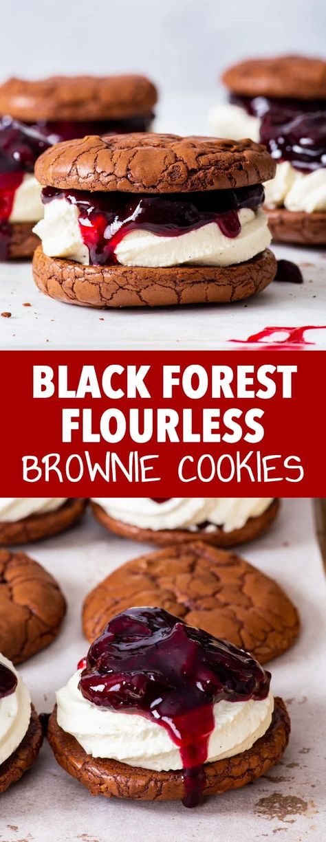 Black Forest Flourless Brownie Cookies - These incredible Black Forest sandwich cookies capture all the opulence and deliciousness of a Black Forest gateau – but are also much easier and quicker to make. With perfectly fudgy flourless chocolate cookies, a fluffy vanilla whipped cream and luscious, syrupy cherry filling, these gluten free cookies are the very definition of luxurious decadence. Gluten free cookies. Flourless desserts. Chocolate cookies. Chocolate desserts. Gluten free recipes. Flourless Brownie, The Loopy Whisk, Loopy Whisk, Desserts Gluten Free, Flourless Desserts, Flourless Chocolate Cookies, Black Forest Gateau, Flourless Brownies, Flourless Cookies