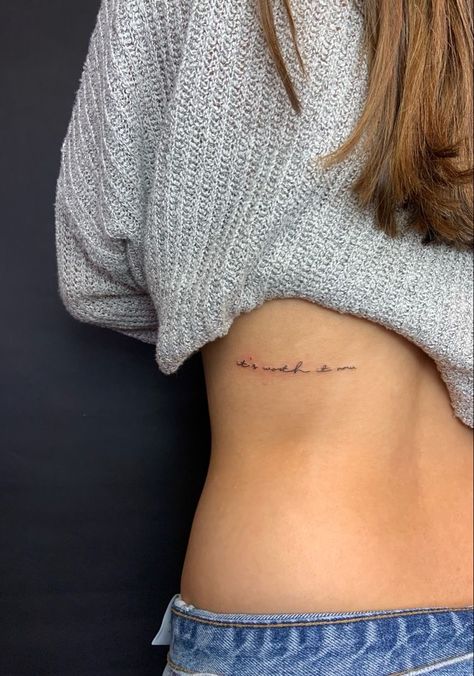 Small Writing Back Tattoo, Hidden Dainty Tattoos, Small Script Back Tattoo, Best Placement For Quote Tattoos, Minimalist Tattoo Placement For Women, Back Tattoo Quotes Placement, Quote Tattoos Minimalist, Quote Tattoo Locations, Womens Small Back Tattoos