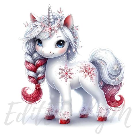 Add a touch of magic to your designs with this Winter Snowflake Unicorn Clipart. This enchanting unicorn features delicate red snowflakes and a whimsical red and white braided mane, perfect for holiday-themed crafts, printable, and decor. This high-quality, cute, and festive illustration is ideal for Christmas cards, party invitations, winter scrapbooking, and more. "What will you receive?" - 2  Zip Files - 10 high-quality images (without watermarks) - Instant Download - 4096x4096 pixels - Resol Unicorn Clip Art, Winter Scrapbooking, Unicorn Clipart, Unicorns Png, Unicorn Pictures, Unicorns Clipart, Christmas Unicorn, Holiday Snowflakes, Baby Unicorn