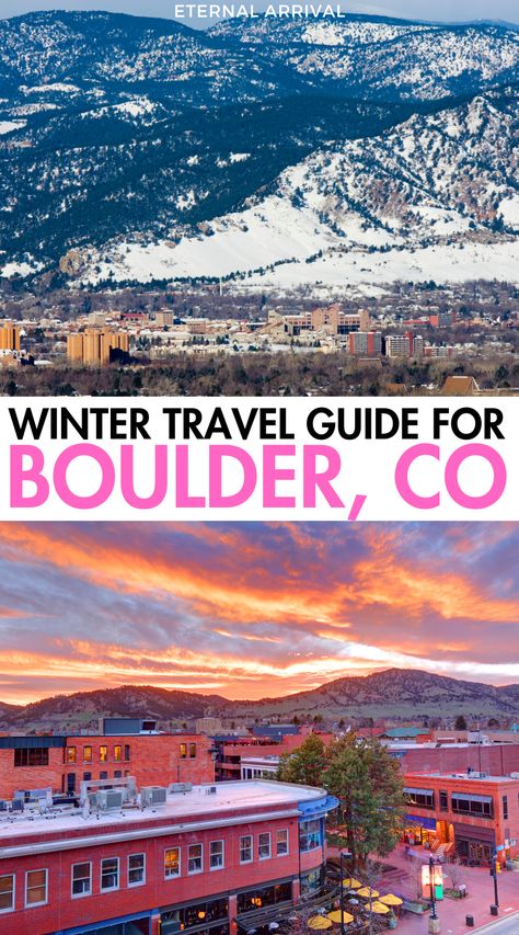 Beautiful sunset colors and snowy landscapes of the city of Boulder, Colorado in the winter. The text reads "winter travel guide for Boulder, CO". Colorado In December, Boulder Colorado Winter, Day Trips From Denver, Downtown Vibes, Dillon Colorado, Colorado Towns, Colorado Winter, Snow Much Fun, Boulder Co