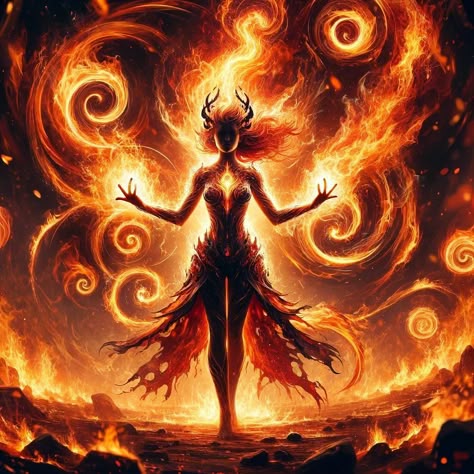 Flow of the Elements #aiart #aiartworks #aiartdaily #generativeart #aiartcommunity #digitalart #generatedart #art #digitalpainting #artist #artwork #digitalartist #characterdesign #characterart #fantasyart #fantasyartwork #fantasy #elements Fire Lady Art, Fire Fairy Drawing, Fire Queen Art, Female Fire Demon, Fire Goddess Aesthetic, Fire Element Art, Fire Elemental Female, Fire Goddess Art, Fire Magic Aesthetic