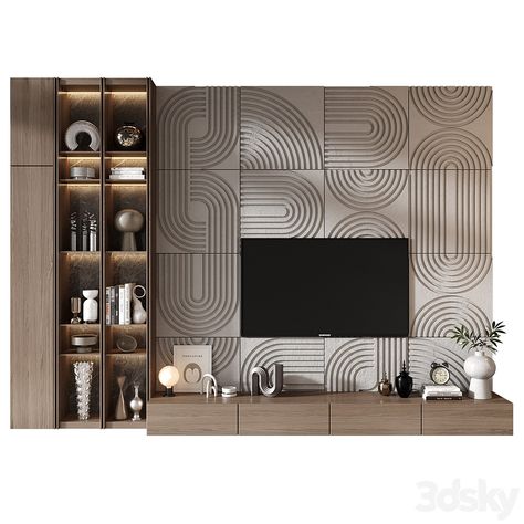 TV shelf 0789 - TV Wall - 3D model Tv Wall Design Minimal, Tv Unit Back Panel Designs, Tv Unit Wall Panelling Design, Drawing Room Tv Unit Design, Tv Wall Cabinets Living Room, Wall Cabinets Living Room, Lumion Render, Lcd Unit, Coin Tv