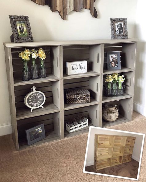 Crate Decor Ideas, Wood Crate Ideas, Crate Shelves Bedroom, Wood Crate Nightstand Diy, Bookshelf Out Of Crates, Bookshelf Made From Crates, Wooden Crates Tv Stand, Vintage Crate Bookshelf, Crate Side Table