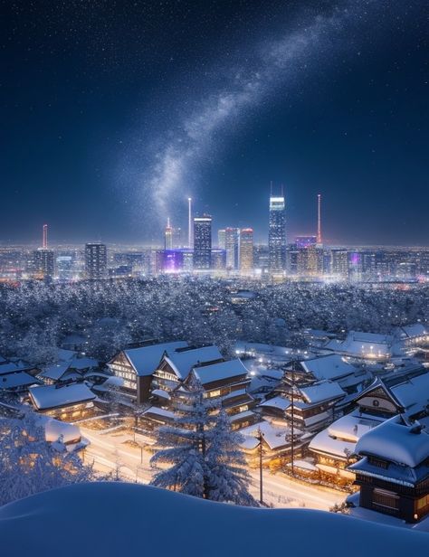 futuristic city japan Futuristic Snow City, Futuristic Japanese City, Winter Cyberpunk, Vampire Cyberpunk, Japan Futuristic, Edo Japan, Fantasy Scenery, Future Cities, Medieval Japan