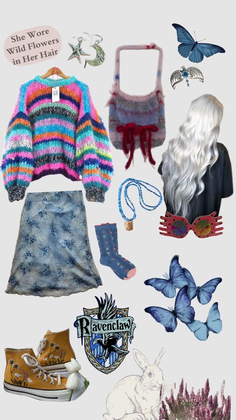 Luna Lovegood aesthetic 🩵 Luna Lovegood Aesthetic Outfit, Luna Lovegood Clothes, Luna Lovegood Hair, Luna Love Good, Luna Lovegood Style, Luna Lovegood Outfits, Lovegood Aesthetic, Luna Cosplay, Luna Lovegood Aesthetic