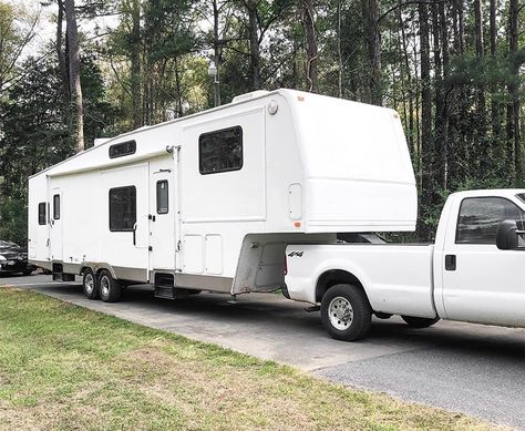 2004 Fleetwood Prowler Renovation from @fifthwheelfarmhouse Fifth Wheel Exterior Paint, Fifth Wheel Exterior Remodel, Fleetwood Prowler Remodel, Fifth Wheel Remodel Before And After, Older 5th Wheel Camper Remodel, Rv Exterior Remodel, 5th Wheel Renovation, Rv Tour, 5th Wheel Camper