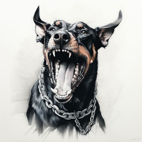 hand drawn pencil sketch of a Doberman , only from the neck up, wearing a Cuban link diamond pendant chain , with aggressive bared teeth , Dog Chain Tattoo, Doberman Sketch, Doberman Tattoo, Half Sleeve Tattoos Drawings, Angry Dog, Eagle Painting, Doberman Dog, Metal Tattoo, Doberman Dogs