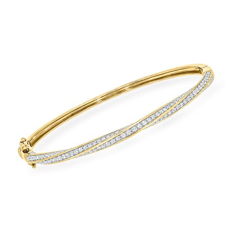 Give your elegant ensembles a fresh new energy with the right jewelry! Our glamorous 1.50 ct. t.w. round brilliant-cut diamond twisted bangle bracelet instantly elevates whatever you're wearing with ease. Finely crafted in polished 14kt yellow gold. Hinged with a double-latch safety. Box clasp, diamond twisted bangle bracelet. Diamond Bangles, Safety Box, Twisted Bangle, Diamond Birthstone, Fine Jewelery, Bracelets Gold Diamond, Natural Gold, Box Clasp, Diamond Bangle